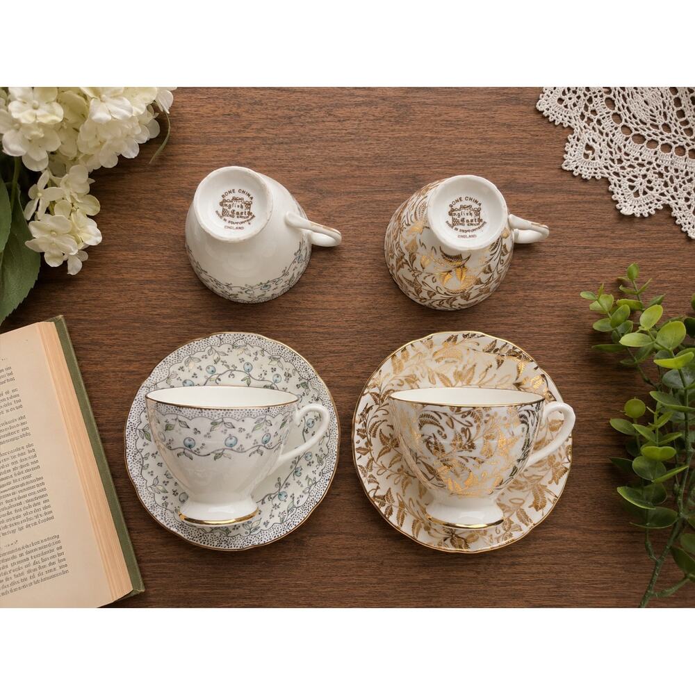 Vintage English Castle Bone China Tea Cup Saucer Set Cottagecore Lot of 2